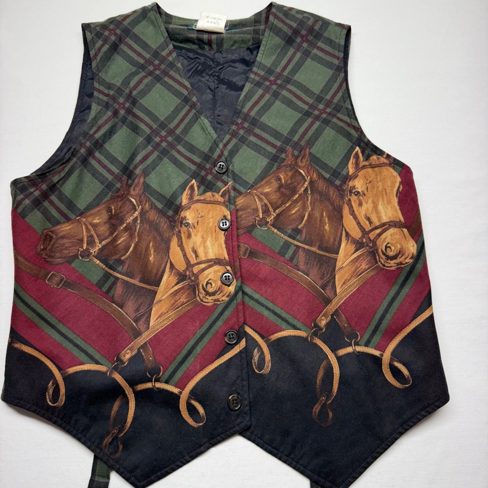 Vintage Scott Taylor Horse Vest Size 8 Green Plaid Equestrian Country Riding USA